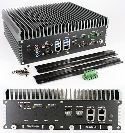 FleetPC-9-E9260 Car-PC (Intel Core i7-6700TE 4x3.4Ghz, AMD Embedded Radeon E9260 GPU, Autostart-Controller, 9-48V Automotive PSU, 6x LAN, 7x HDMI) [<b>FANLESS</b>]